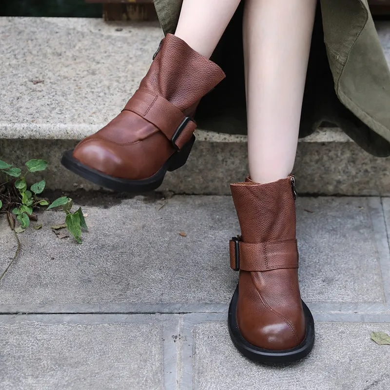 Womens Handmade Retro Soft Leather Ankle Boots Side Buckle in Black/Brown