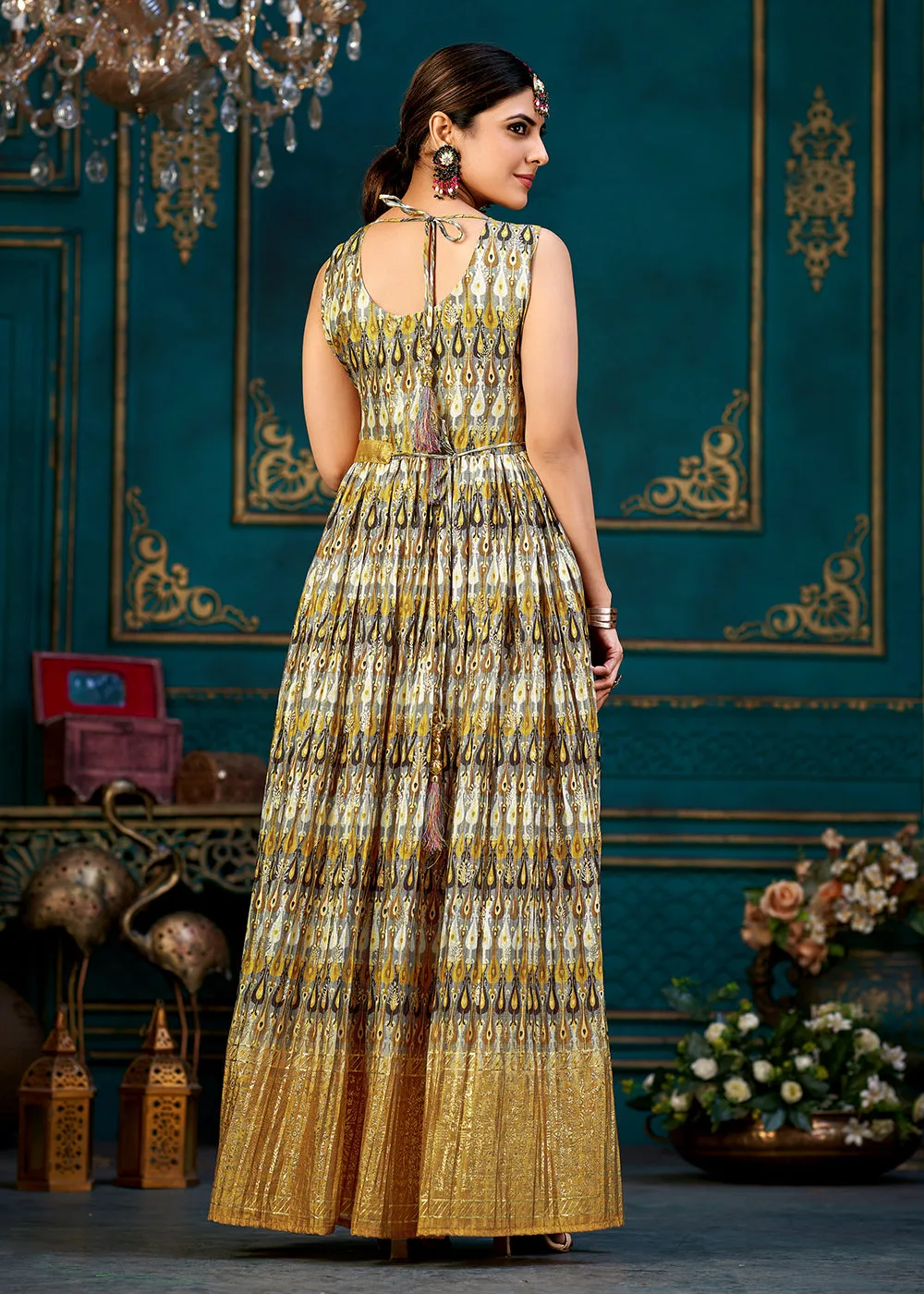 Yellow Multicolor Digital Foil Printed Ready to Wear Gown