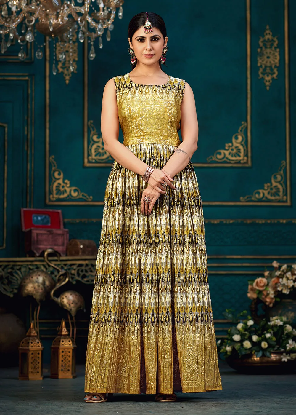 Yellow Multicolor Digital Foil Printed Ready to Wear Gown