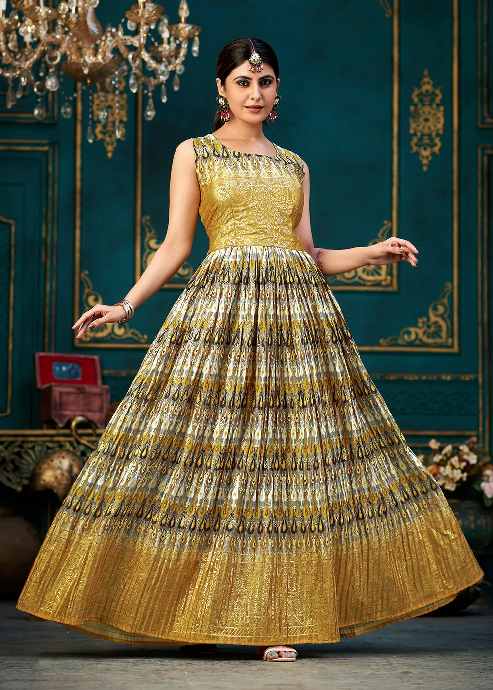 Yellow Multicolor Digital Foil Printed Ready to Wear Gown